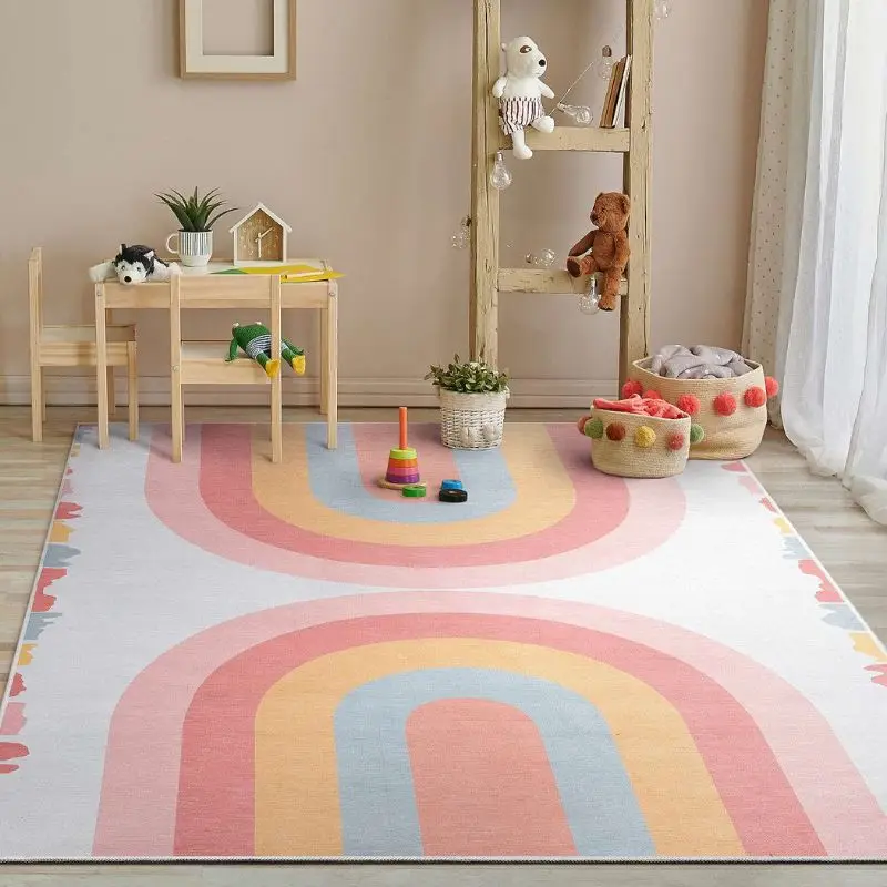 Pastel rainbow shaped carpet in multicolour tones on a bedroom floor